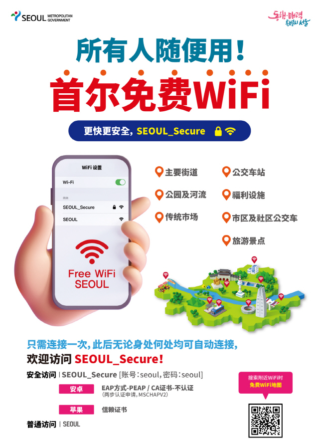 所有人随便用！首尔免费Wi-Fi更快更安全，SEOUL_Secure主要街道，旅游景点，公园及河流，传统市场，公交车站，福利设施，市区及社区公交车 只需连接一次，此后无论身处何处均可自动连接，欢迎访问SEOUL_Secure！安全访问│SEOUL_Secure [账号：seoul，密码：seoul]安卓EAP方式-PEAP / CA证书-不认证（两步认证申请，MSCHAPV2）苹果信赖证书普通访问│SEOUL