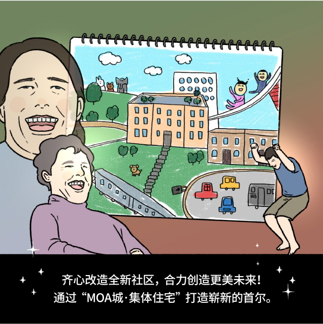 [素描本里可以看到，住在改造的新社区中的人们洋溢着幸福的表情。] [下方字幕]齐心改造全新社区，合力创造更美未来！通过“MOA城·集体住宅”打造崭新的首尔。