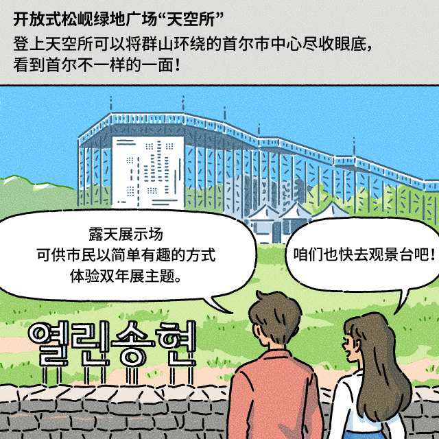 BOX：开放式松岘绿地广场“天空所”登上天空所可以将群山环绕的首尔市中心尽收眼底，看到首尔不一样的一面！ / B：露天展示场可供市民以简单有趣的方式体验双年展主题。 / A：咱们也快去观景台吧！