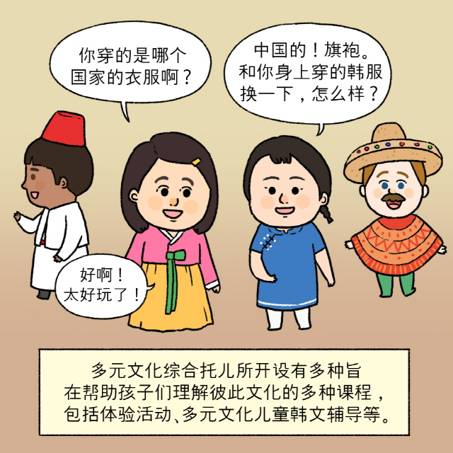 B：你穿的是哪个国家的衣服啊？ / E（儿童）：中国的！旗袍。和你身上穿的韩服换一下，怎么样？ / B：好啊！太好玩了！ / BOX：多元文化综合托儿所开设有多种旨在帮助孩子们理解彼此文化的多种课程，包括体验活动、多元文化儿童韩文辅导等。
