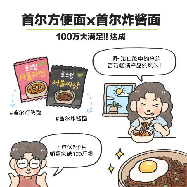 首尔方便面x首尔炸酱面100万大满足！！达成 / 女：啊~这口腔中的余韵百万畅销产品的风味！ / 男：#首尔方便面#首尔炸酱面上市仅5个月销量突破100万袋