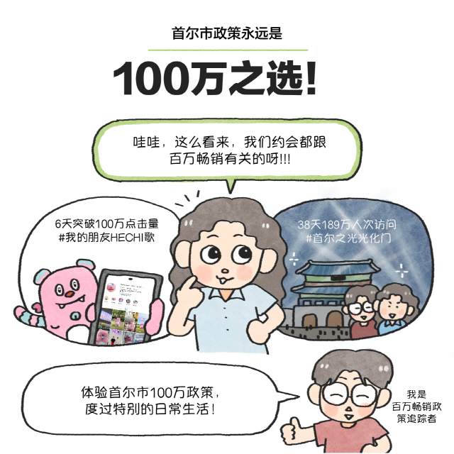 首尔市政策永远是100万之选！ / 女：哇哇，这么看来，我们约会都跟百万畅销有关的呀！！！6天突破100万点击量 #我的朋友HECHI歌38天189万人次访问 #首尔之光光化门 / 男：体验首尔市100万政策，度过特别的日常生活！（我是百万畅销政策追踪者）