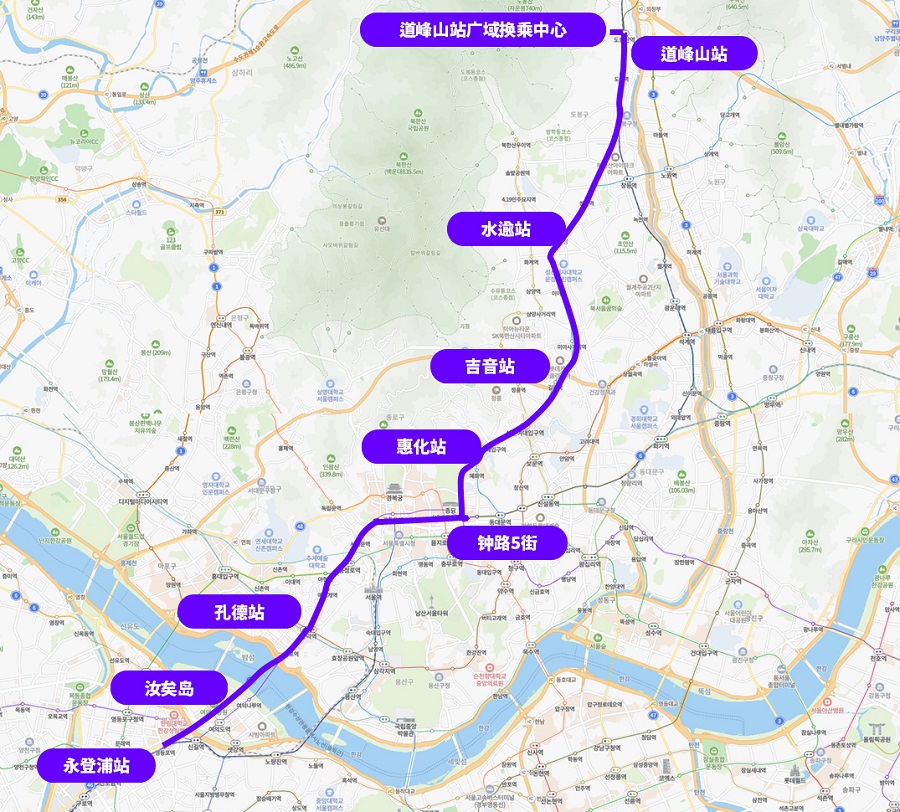 道峰山站广域换乘中心-道峰山站-水逾站-吉音站-惠化站-钟路5街-孔德站-汝矣岛-永登浦站