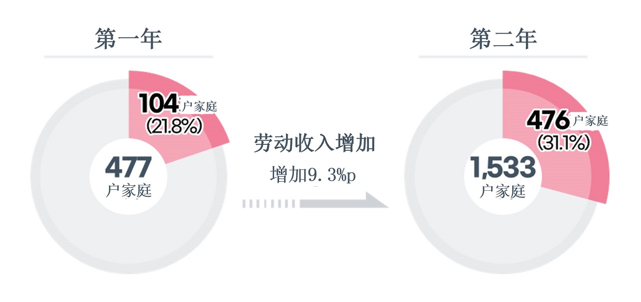 第一年 477户家庭 104 户家庭 (21.8%) 劳动收入增加 增加9.3%p 第二年 1,533 户家庭 476 户家庭 (31.1%)